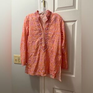 Bella Tu Rose Beaded Cotton Tunic Orange/Pink Size Medium